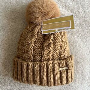 Michael Kors Tan Cable Knit Hat with Pom-Pom